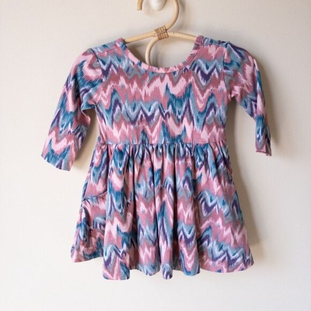 RuffleButts Pink and Blue Watercolor Chevron Twirl Dress Baby Girl 18-24M‎
